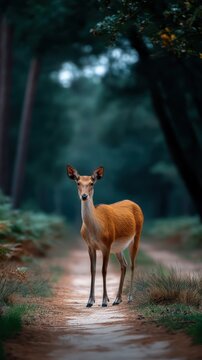Alert female deer standing on a woodland path observing the surrounding nature in a peaceful forest setting.
