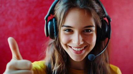 A confident young female gamer wearing a headset and giving a thumbs up to the camera.
