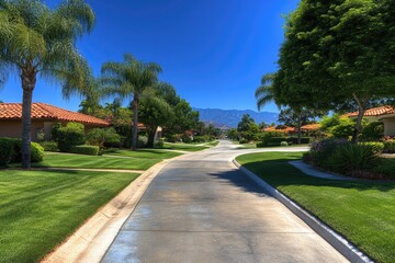 Obraz premium Quiet street with manicured lawns and palm trees. Mountains in the distance