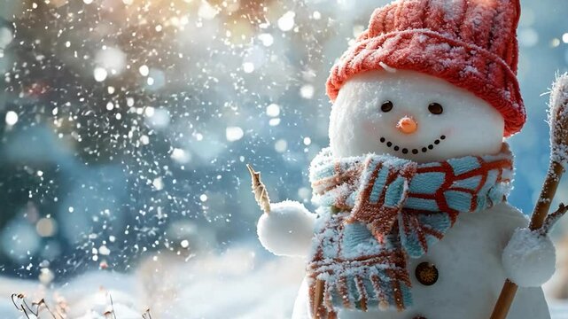 Festive snowman in winter scene red hat cheerful holiday season snow landscape bokeh effect