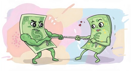 Obraz premium Digital Vector Art of Economic Struggle - Dollar and Euro Cartoon Conflict in Minimalist Design