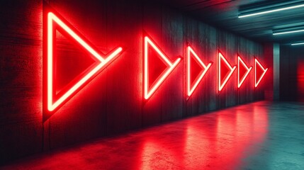 Neon red triangle arrows on dark wall