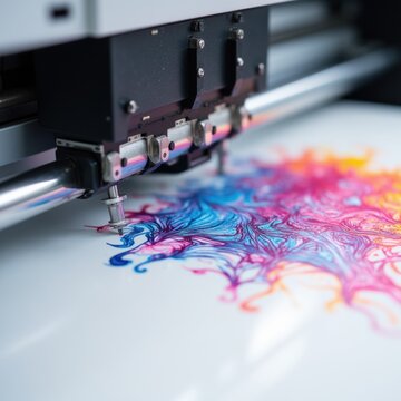 DTF printer head applying vivid ink to transparent film, intricate design details, clean white background