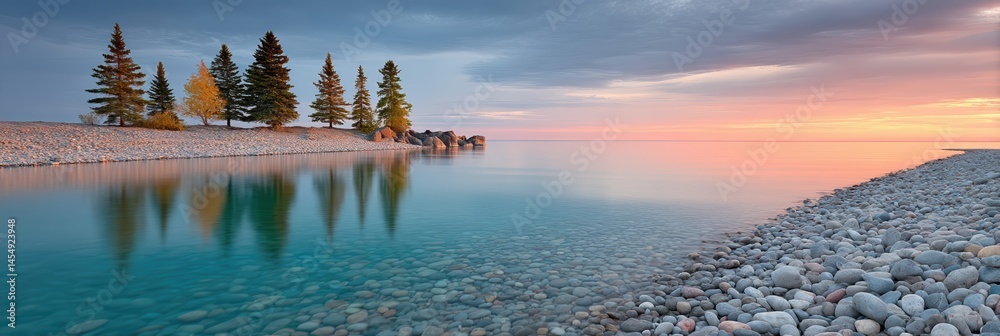 Poster tranquil sunrise over a serene lake with smooth pebbled shoreline and reflective trees