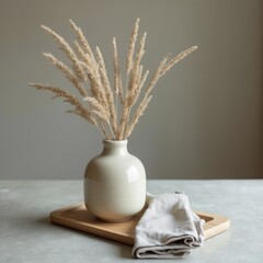 Japandi decor with ceramic vase, dried grass, wood tray, linen napkin, matte stone table, soft muted colors, square, no people.

