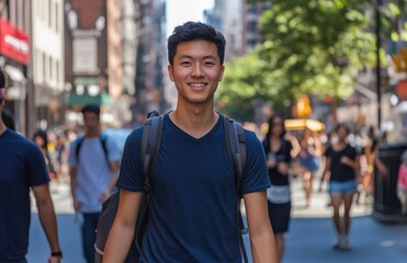 Fototapeta premium Young Asian student walking smiling on NYC street wearing casual summer outfit with backpack, urban lifestyle, high-quality photo, copy space.