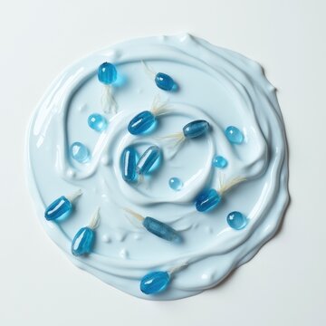 PDRN cream texture with blue capsules, ginseng slice, and water droplets, minimalist white background, square, no people.

