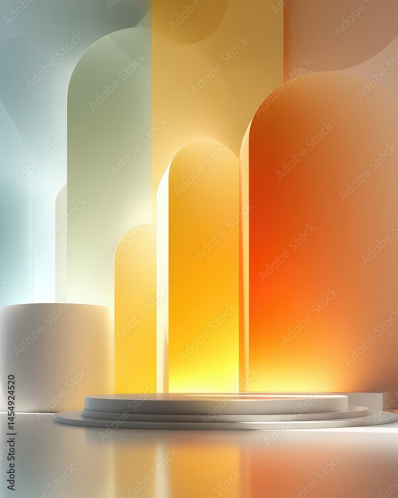 Poster colorful podiums illuminated by circular lights create a vibrant atmosphere in a pastel-hued setting