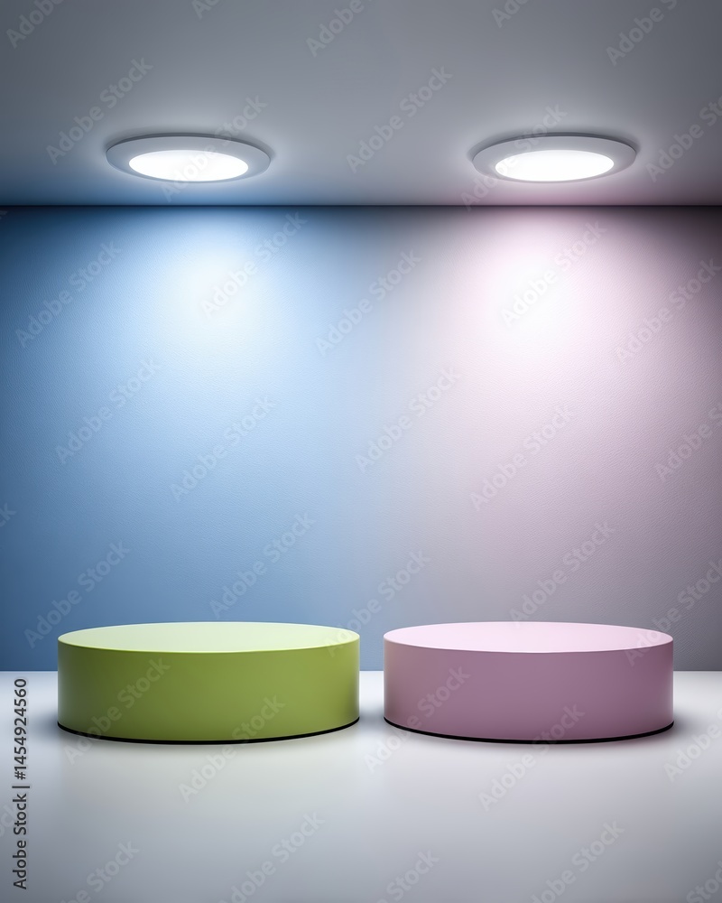Poster vibrant podiums illuminated under soft circular lights in an artistic pastel setting