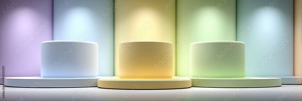 Poster Vibrant Podiums Under Circular Lights Create an Inviting Space for Creativity and Expression