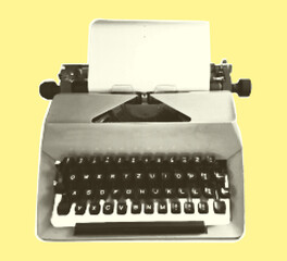 Retro typewriter. Vintage machine for type. Halftone trendy cut out paper collage element isolated on yellow background, Polka dot pop art style texture Vector illustration
