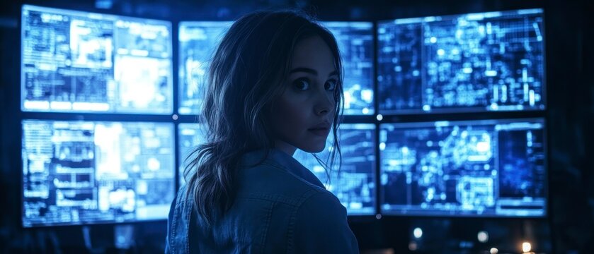 Young woman looks back nervously at surveillance monitors displaying data analysis, feeling fear and concern.