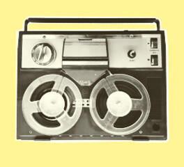 Vintage 70s 80s tape recorder. Halftone trendy cut out paper collage element isolated on yellow background Vector illustration