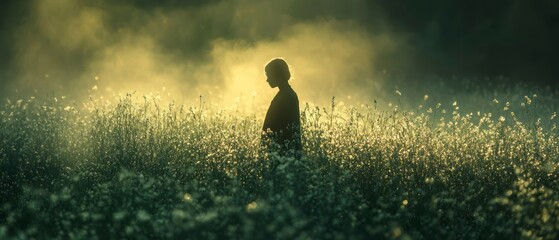 Young woman walks through wildflowers meadow silhouetted against backlight mist evoking peacefulness.