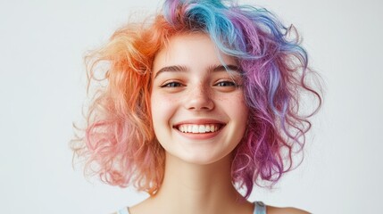 Naklejka premium Happy Young Woman with Colorful Hair on White Background