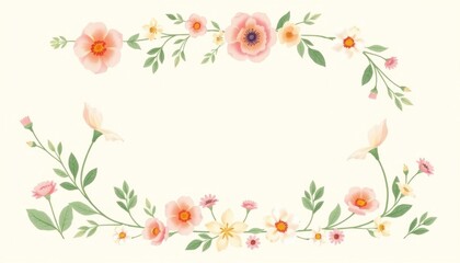 Fototapeta premium Elegant floral frame adorned with pastel blossoms and verdant foliage, creating a delicate border for graceful design projects