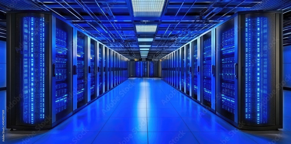 Aufkleber futuristic server room filled with bright blue-lit racks and advanced infrastructure, ideal for illu