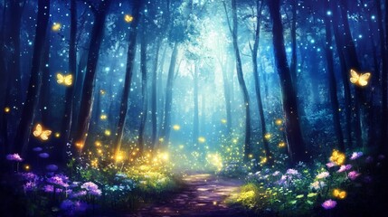 Magical forest path bathed in luminous glow.  Butterflies flutter amidst vibrant flowers and fireflies illuminating the mystical woods