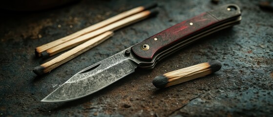 Folding knife rests alongside used matches, conveying stark simplicity.