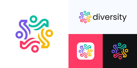 Global community logo icon design vector, human organization for teamwork, family together, health care, social networking group, symbol diversity people with line or children education for identity