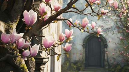 Pink Magnolia Blossoms Blooming on Tree Branch Near Old Stone Building