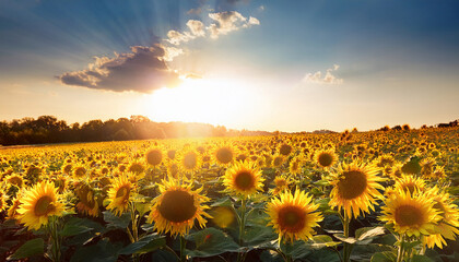 Fototapeta premium field sunflower with flare light on the sun