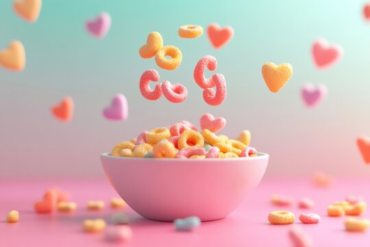 Colorful cereal and heart shapes in airy pastel setting