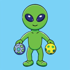 Obraz premium Happy green alien stands holding a yellow polka dot ball and blue one