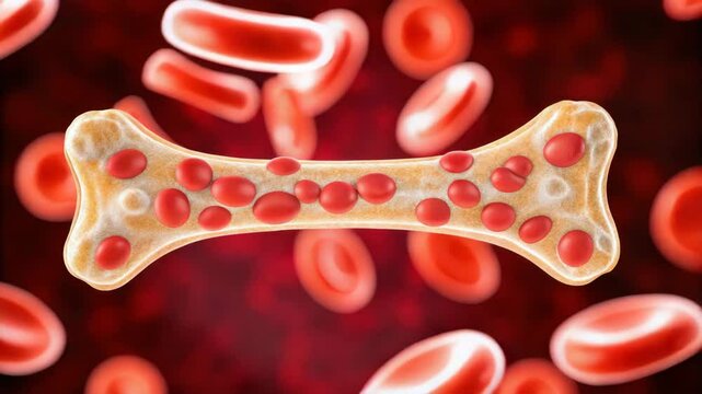 A digital illustration of a bone surrounded by red blood cells, symbolizing the relationship between bone health and blood circulation.