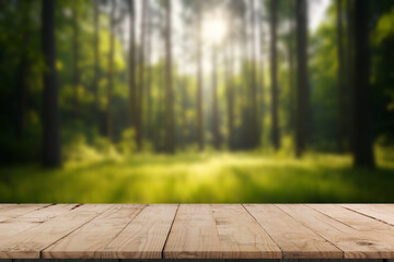 Empty table top wooden counter podium in outdoor tropical garden forest blurred green plant...