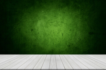 wood table green wall background with sunlight window create leaf shadow on wall with blur indoor green plant foreground.panoramic banner mockup for display of product.eco friendly interior concept