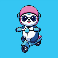 Cute panda rides a blue scooter wearing a pink helmet against blue background