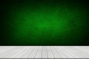 wood table green wall background with sunlight window create leaf shadow on wall with blur indoor green plant foreground.panoramic banner mockup for display of product.eco friendly interior concept