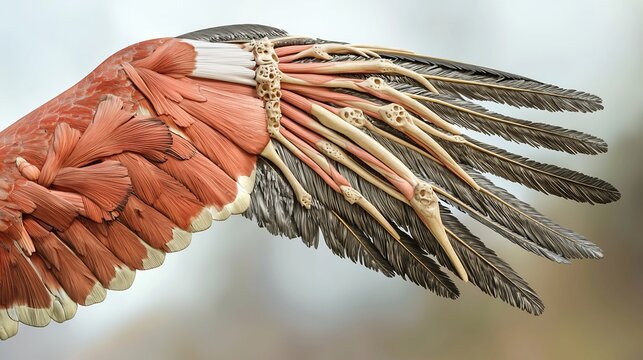 Closeup 3d Anatomical Render of a Bird Wing In Motion With Feathers Removed to Show Muscle Ligaments and Internal Bone System In Educational Format