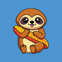 Naklejka premium Animated sloth happily cradles a colorful sandwich against a solid blue backdrop, looking cheerful