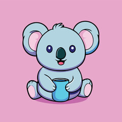Obraz premium Happy cartoon koala is sitting while holding a blue coffee mug against pink backdrop