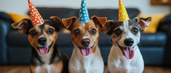 Three puppies celebrate wearing colorful spotted party hats smiling with tongues sticking out, looking cheerful indoors.
