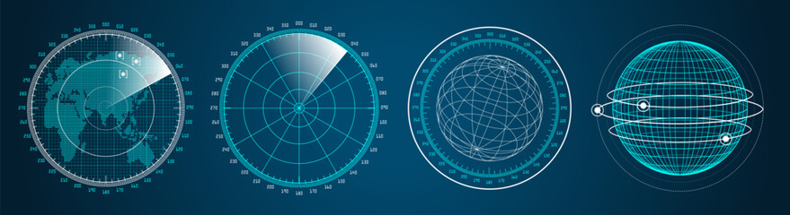 Futuristic graphic user interface HUD. Infographic design UI elements and radar screens. Vector illustration.