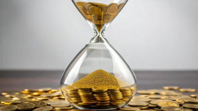 A glass hourglass filled with golden coins, symbolizing the passage of time and wealth, surrounded by scattered coins on a surface.