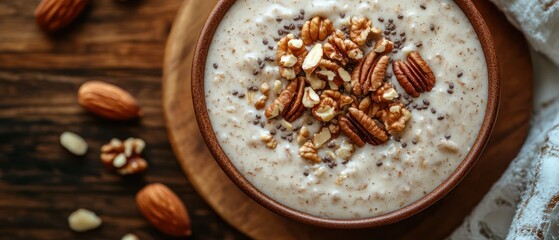 Fototapeta premium Oatmeal bowl topped with pecans and chia seeds rests invitingly on rustic wooden table alongside scattered almonds, offering visual feast.
