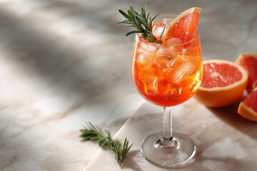 Aperol Spritz garnished with rosemary and grapefruit In in cocktail glass, on marble surface, summer beach party