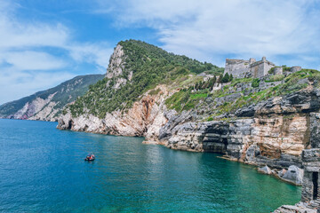 Panoramic view from Grotta di Lord Byron to the Ligurian sea with turquoise waters and the rocks in...