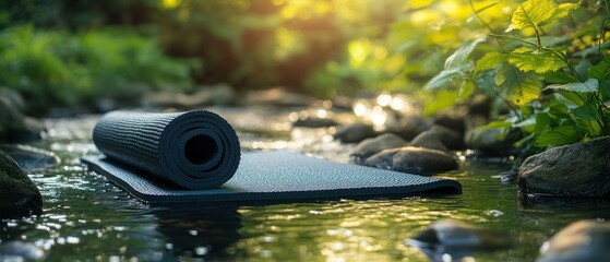Yoga mat rests serenely in shallow stream reflecting surrounding nature, promoting tranquility.