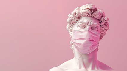 Bust of classical figure in pink face mask. Contemporary pandemic concept.