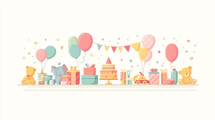 Whimsical Illustration of a Pastel-Colored Birthday Celebration on Display