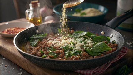 Delicious meat stew in frying pan with white cheese and spinach