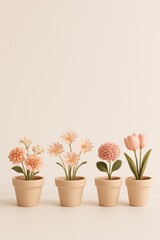 Obraz premium Decorative Clay Pots With Pink Flowers Arranged in a Minimalist Display on a Neutral Background