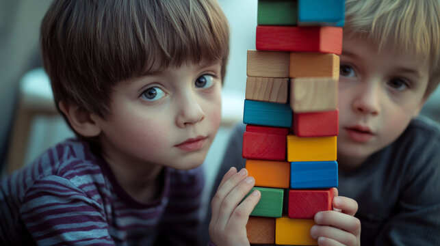 Two little boys building a tower with colorful wooden blocks.
