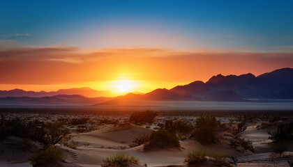 a desert landscape with mountains in the background and a sun in the foreground the sky is a mix of orange and blue colors