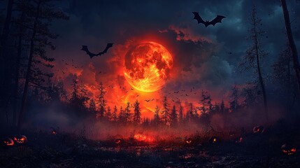 Spooky Halloween Night Forest with Orange Moon, Bats, and Jack-o'-lanterns
